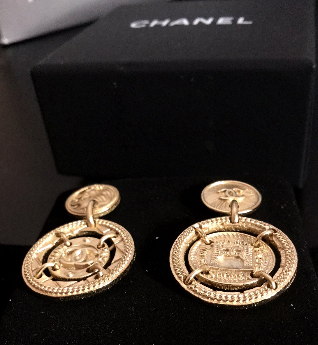 CHANEL CC Byzantine Gold Medal Stud Dangle Earrings Authentic NIB