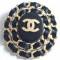 CHANEL CC Gold Chain Brooch Pin Woven Black Leather Oval Medal NIB