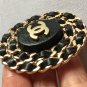 CHANEL CC Gold Chain Brooch Pin Woven Black Leather Oval Medal NIB