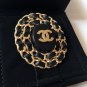 CHANEL CC Gold Chain Brooch Pin Woven Black Leather Oval Medal NIB