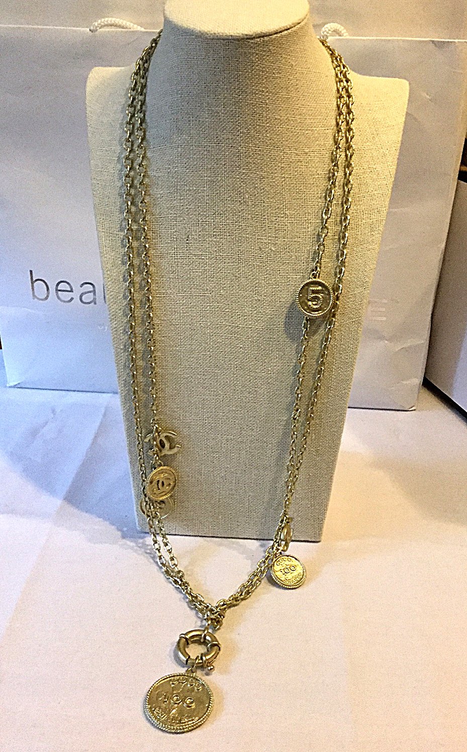 CHANEL 100 Anniversary Gold Metal Medal Coin CC Double Chain Necklace NIB