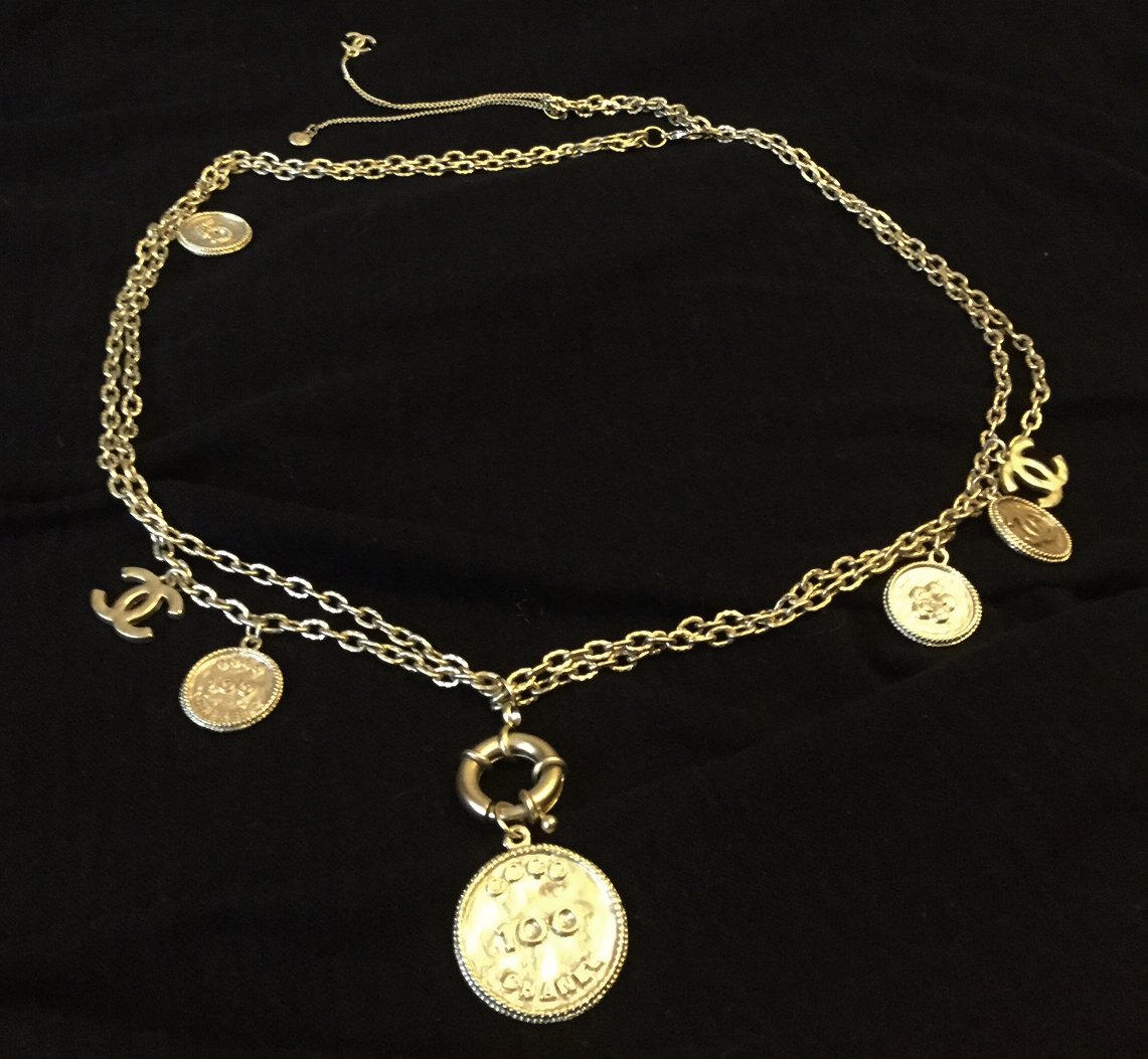 CHANEL 100 Anniversary Gold Metal Medal Coin CC Double Chain Necklace NIB