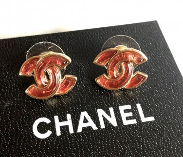 CHANEL CC Gold Stud Earrings Red Lucite Gem Simple Basic Authentic NIB