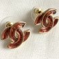 CHANEL CC Gold Stud Earrings Red Lucite Gem Simple Basic Authentic NIB