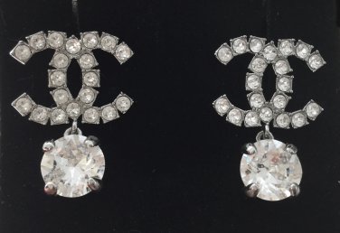 CHANEL CC Stud Dangle Earrings Square Set Round Crystal Silver
