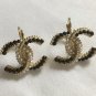 CHANEL CC Gold Metal Twisted Black Cream Pearl Leverback Earrings NIB