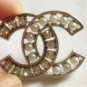CHANEL Pearl Crystal Crisscross Silver Metal Brooch Pin Small Size