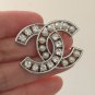 CHANEL Pearl Crystal Crisscross Silver Metal Brooch Pin Small Size