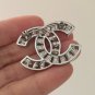 CHANEL Pearl Crystal Crisscross Silver Metal Brooch Pin Small Size