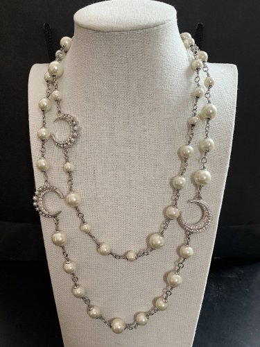 CHANEL 3 Crescent Moon Crystal PEARL Silver Chain Necklace 42" Classic