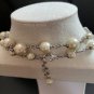 CHANEL 3 Crescent Moon Crystal PEARL Silver Chain Necklace 42" Classic