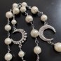 CHANEL 3 Crescent Moon Crystal PEARL Silver Chain Necklace 42" Classic
