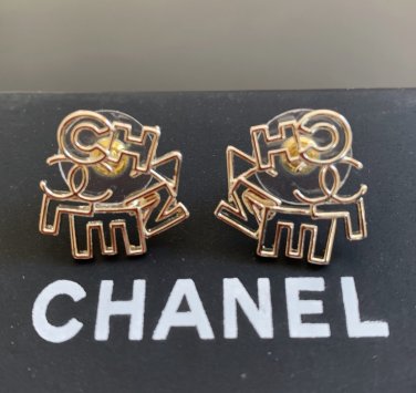 CHANEL Stud Earrings Pale Gold Metal Alphabets Hallmark Authentic