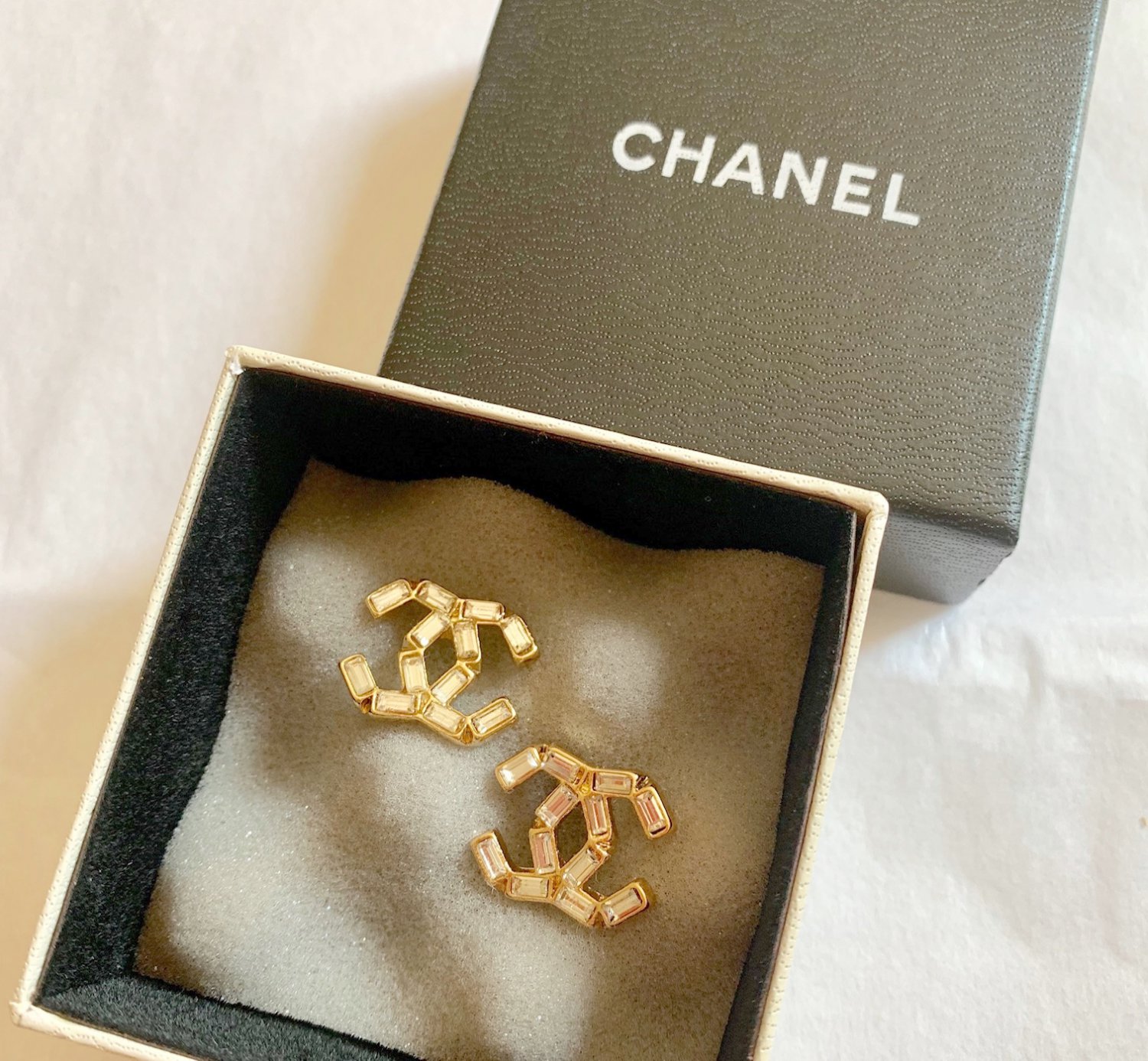 CHANEL CC Rectangle Cut Crystal Stud Earrings Gold Metal NIB