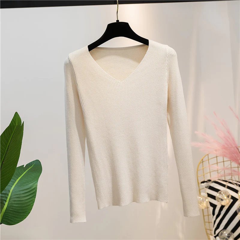 Beige Autumn And Winter V-neck Knitted Long-sleeved Slim women