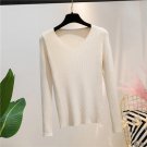 Beige Autumn And Winter V-neck Knitted Long-sleeved Slim women
