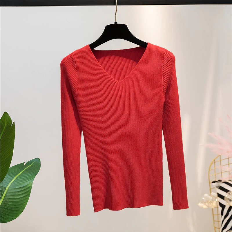 Big Red Autumn And Winter V-neck Knitted Long-sleeved Slim women