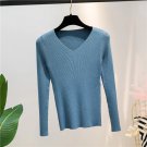 Blue Autumn And Winter V-neck Knitted Long-sleeved Slim women