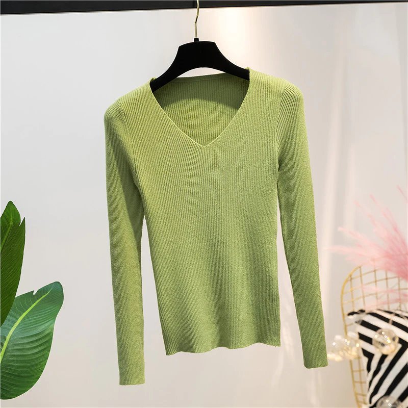 Green Autumn And Winter V-neck Knitted Long-sleeved Slim women