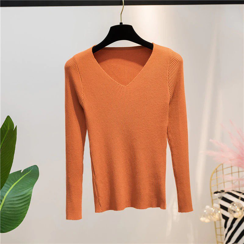 Orange Autumn And Winter V-neck Knitted Long-sleeved Slim women