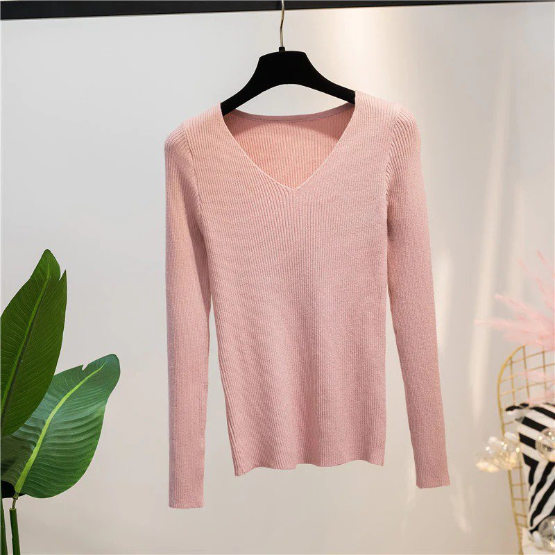 Pink Autumn And Winter V-neck Knitted Long-sleeved Slim women
