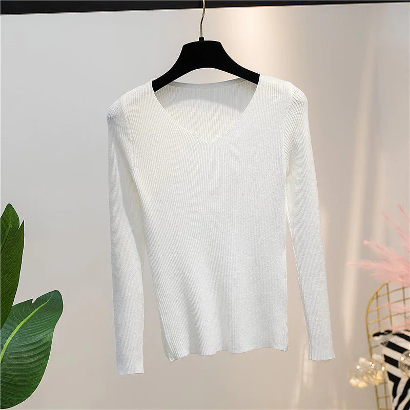 White Autumn And Winter V-neck Knitted Long-sleeved Slim women
