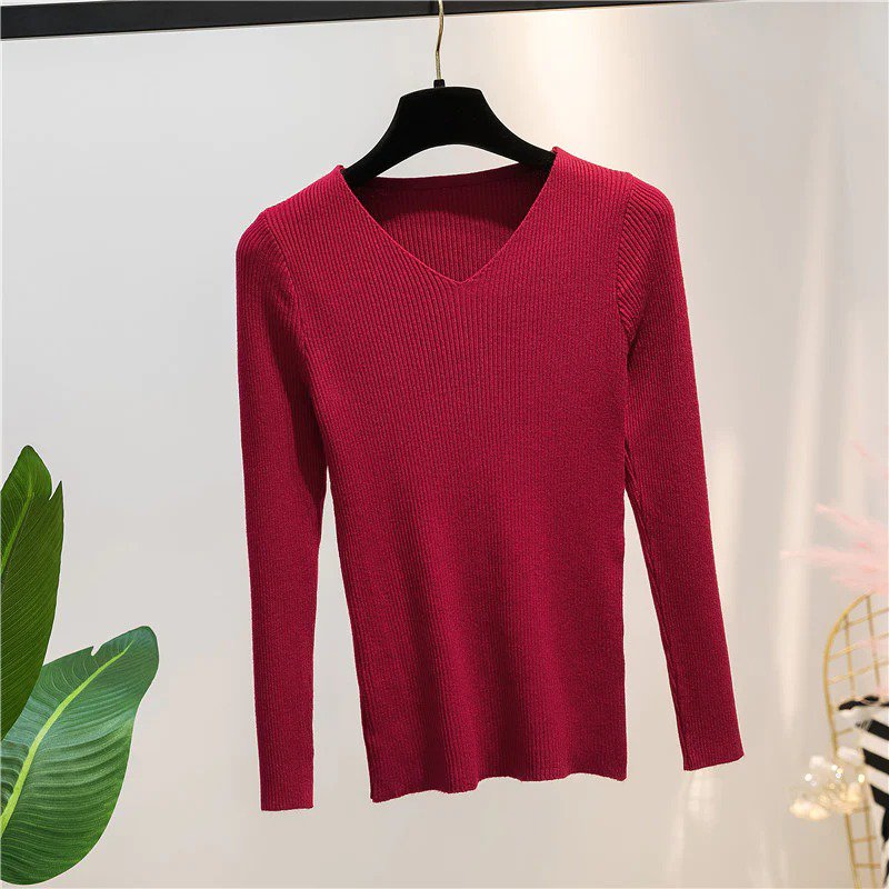 Wine Red Autumn And Winter V-neck Knitted Long-sleeved Slim women