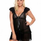 Sexy Halter Lace Ruffles Strap Chemise Babydoll Lingerie Black