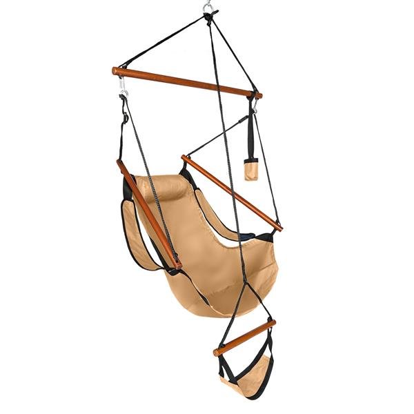 Outdoor Hammock Hanging Chair Air Deluxe Swing Chair Solid Wood With Cup Holder, Brown