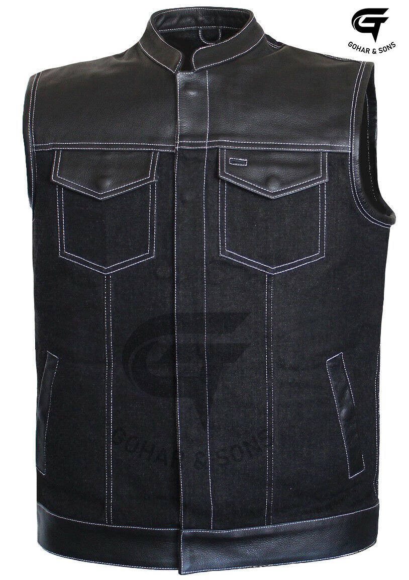 Men's Leather and Denim Biker Club Style Motorcycle Vest