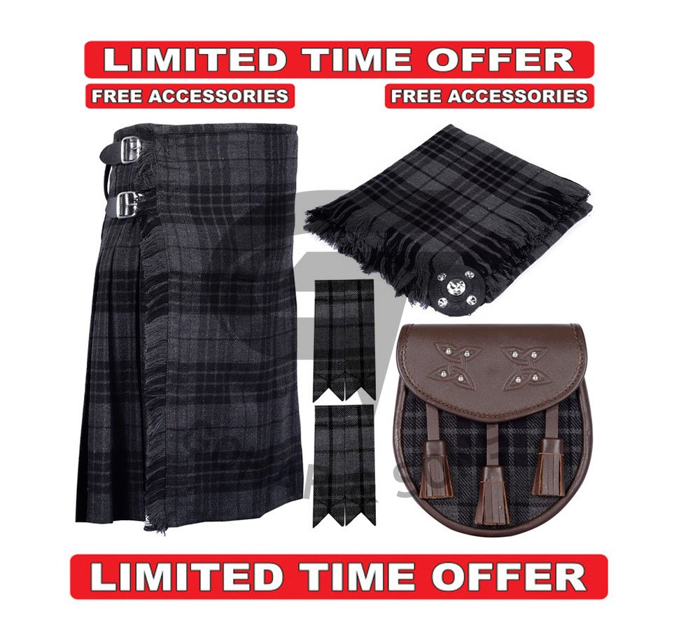 Traditional Men's Scottish Grey Watch Tartan 8 yard KILT - With Free Accessories