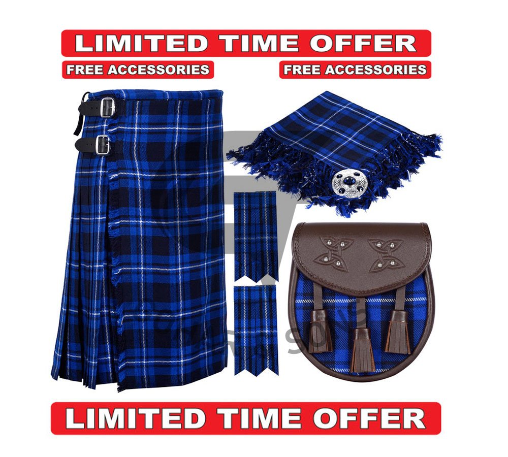 Traditional Men's Scottish Ramsey Blue 8 yard Tartan KILT - With Free Accessories