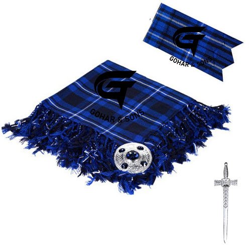 Men's Ramsey Blue Traditional Scottish Kilt FLY PLAID + Brooch - Flashes - Kilt pin