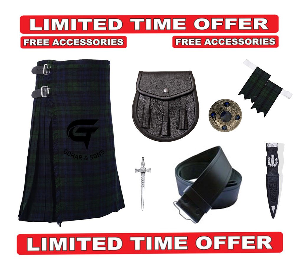 Men's Scottish 8 Yard Black Watch Traditional 8 yard Tartan kilts 7 Piece Deal