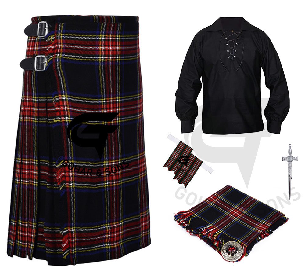 Men's Scottish 8 yard Black Stewart Outfit KILT Traditional Tartan Kilts with Accessories