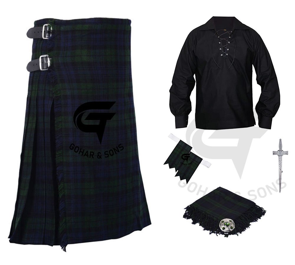 Men's Scottish 8 yard Black Watch Outfit KILT Traditional Tartan Kilts with Accessories