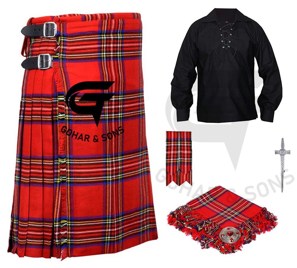 Men's Scottish 8 yard Royal Stewart Outfit KILT Traditional Tartan Kilts with Accessories