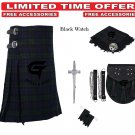 Men's Scottish Black Watch Tartan Traditional 8 yard KILT -With Free Accessories