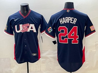 Bryce Harper #24 USA Baseball 2026 World Baseball Classic Road Stadium Jersey Navy