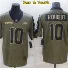 men's & youth Los Angeles Chargers #10 Justin Herbert Jersey 2021 Olive Salute To Service Limited