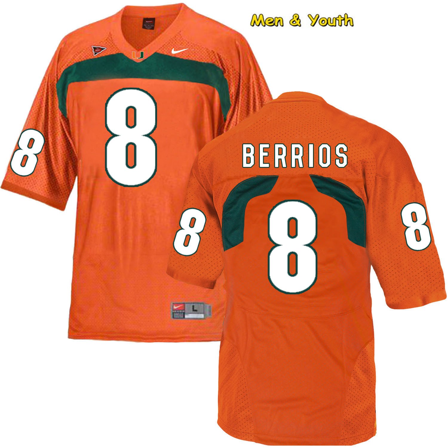 men's & youth Miami Hurricanes #8 Braxton Berrios Jersey Orange College Football