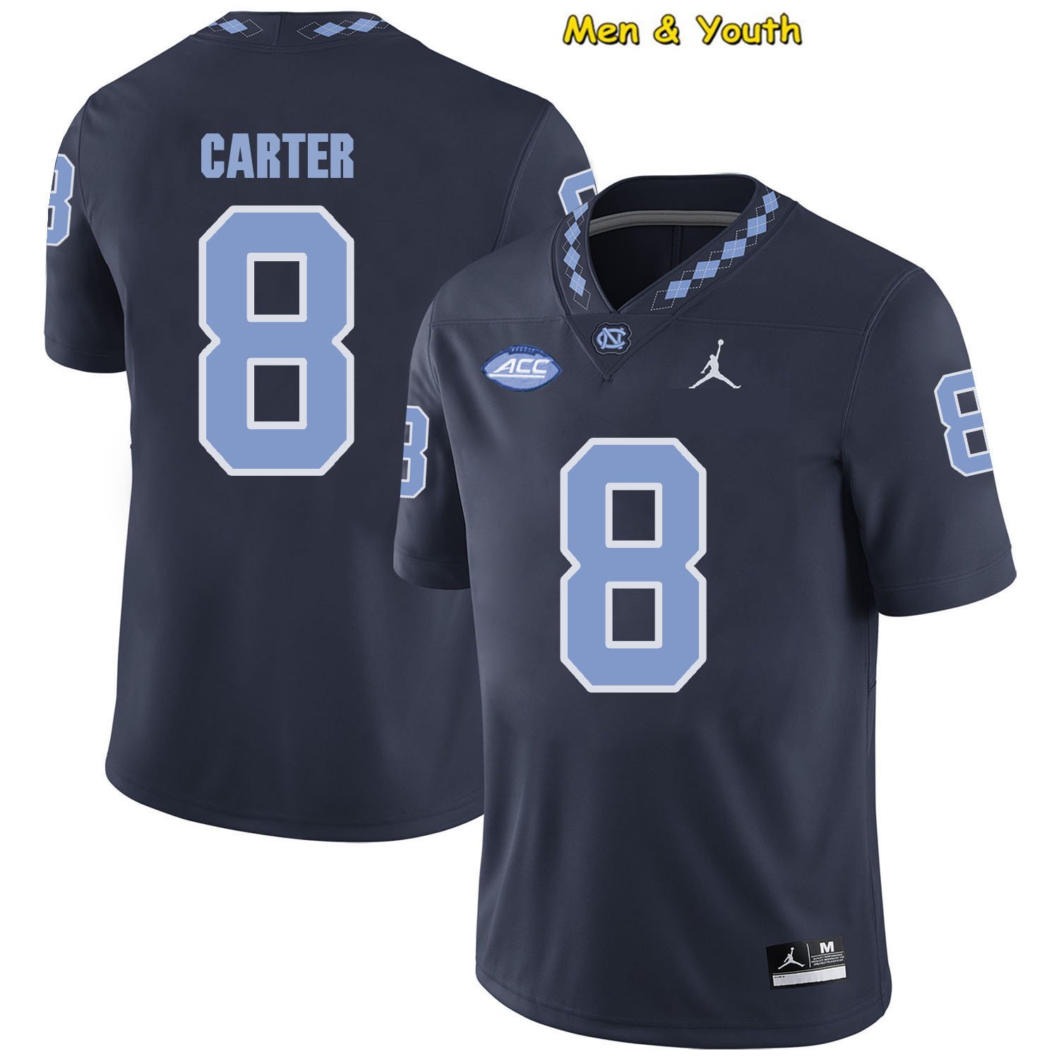 men's & youth North Carolina Tar Heels #8 Michael Carter Jersey Navy College Football