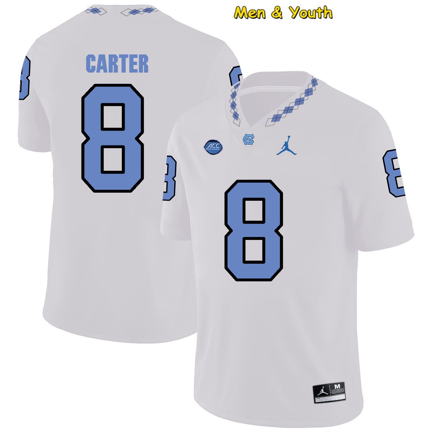 men's & youth North Carolina Tar Heels #8 Michael Carter Jersey White College Football
