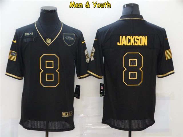 men's & youth Baltimore Ravens #8 Lamar Jackson Jersey 2020 Black Gold Salute To Service Football