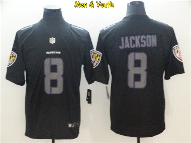 men's & youth Baltimore Ravens #8 Lamar Jackson Jersey Black Impact Limited Football