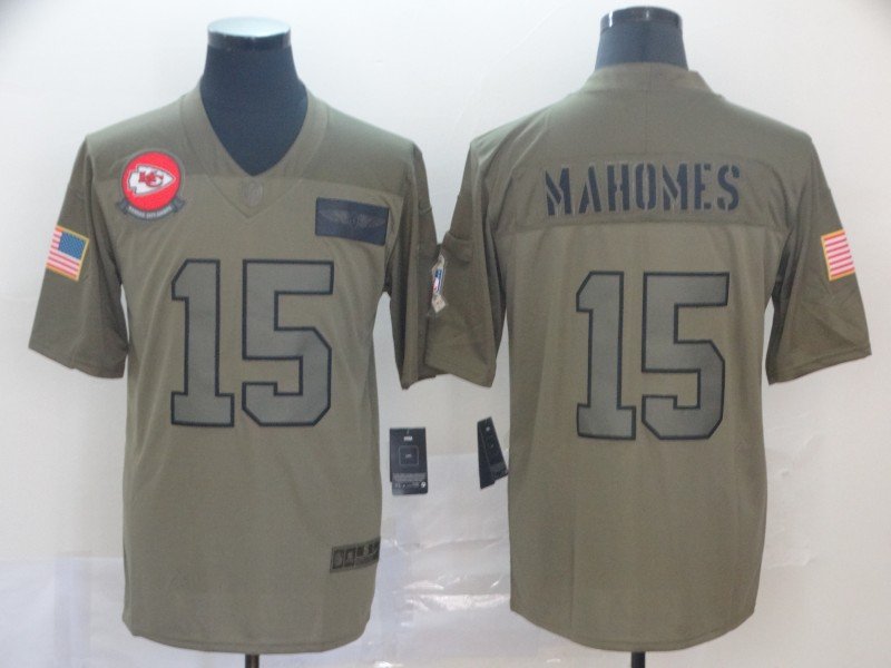 Men's Kansas City Chiefs #15 Patrick Mahomes Jersey 2019 Olive Salute To Service Limited Football