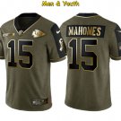 men's & youth Kansas City Chiefs #15 Patrick Mahomes Jersey 2021 Olive Gold Salute To Service
