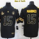 men's & youth Kansas City Chiefs #15 Patrick Mahomes Jersey Black Gold 2020 Super Bowl LIIV Football