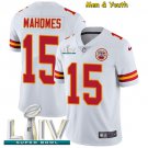 men's & youth Kansas City Chiefs #15 Patrick Mahomes Jersey White Super Bowl LIV Game Football