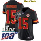 men's & youth Kansas City Chiefs #15 Patrick Mahomes Jersey 100th Season Black Super Bowl LIV Game